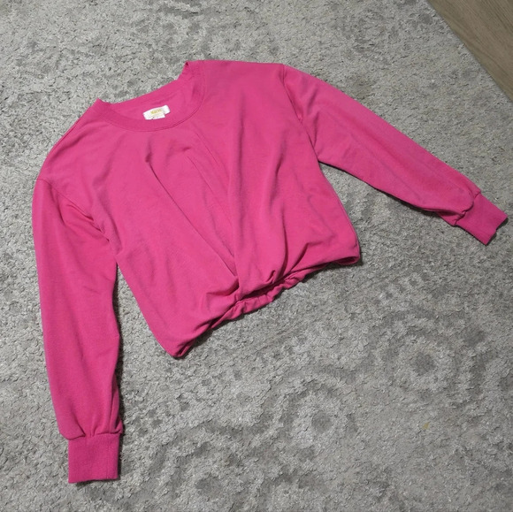 MAEVE Hot Pink Crewneck Cropped Sweatshirt, Faux Knot Twisted Front Hem, XS - Picture 7 of 14